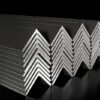 The metal angle profile in a bundle on black background. 3d illustration. Angle Steel, Steel Angle, Angle Iron, L-Shaped Steel, Structural Angle, Bar Angle