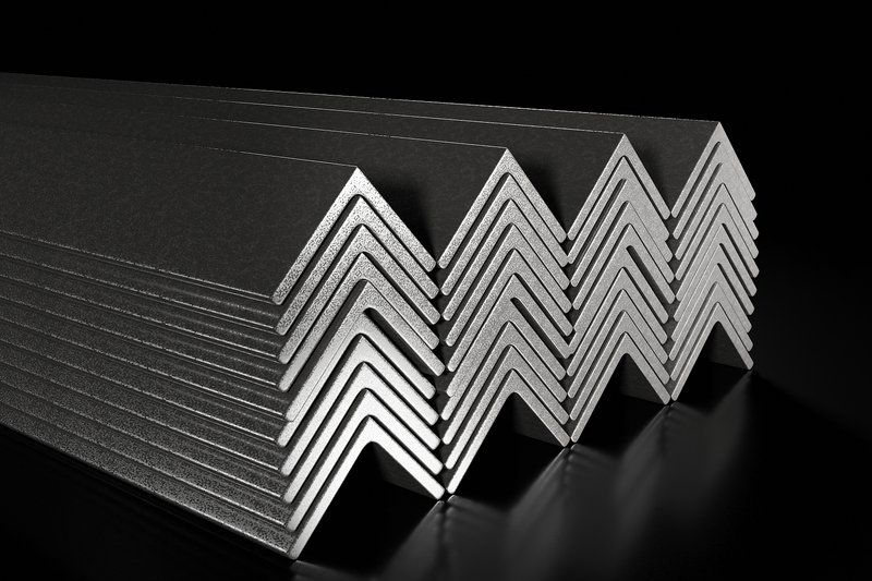The metal angle profile in a bundle on black background. 3d illustration. Angle Steel, Steel Angle, Angle Iron, L-Shaped Steel, Structural Angle, Bar Angle
