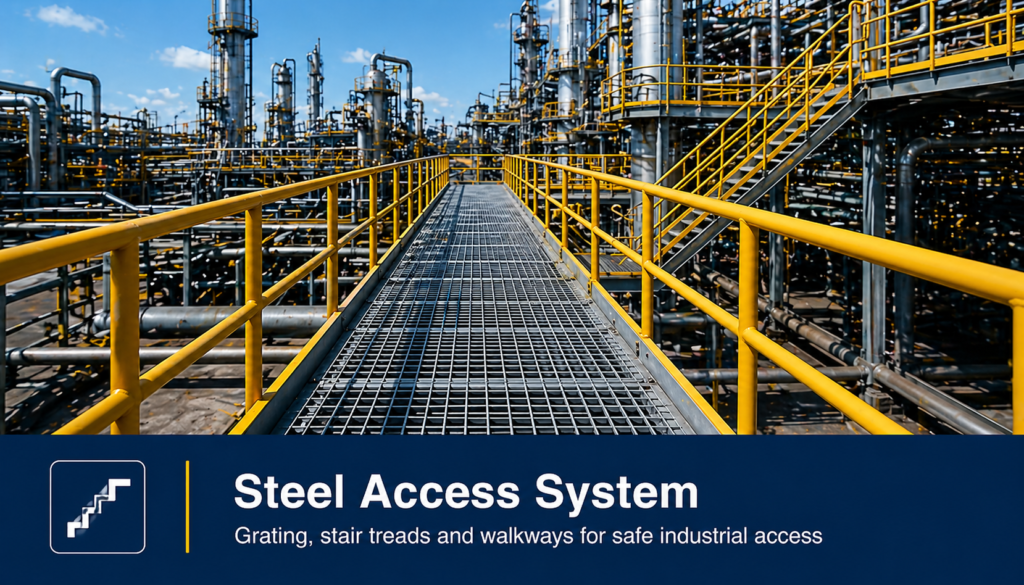 Industrial steel access system with platform and stairs