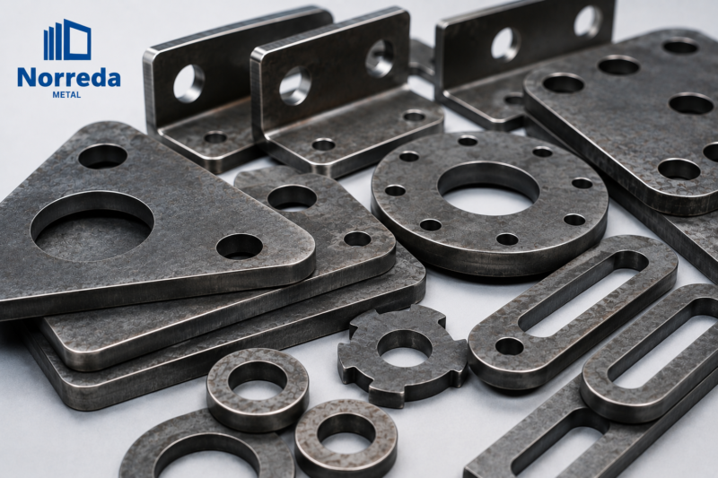Complex shaped laser cut steel components with custom holes, slots and fabrication-ready profiles.