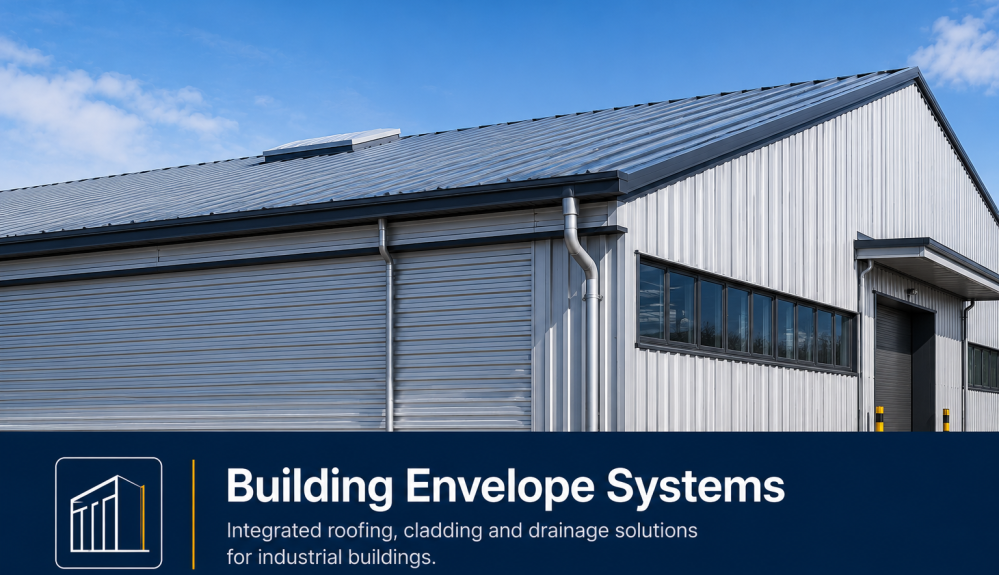 Modern industrial building with metal roofing, wall cladding, and drainage systems representing integrated building envelope solutions.